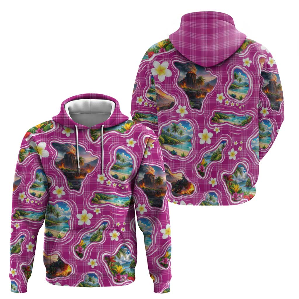 Hawaiian Island Shapes-Iconic Landscape Zip Hoodie with Plumeria and Palaka Pink Color LT03 - Polynesian Pride