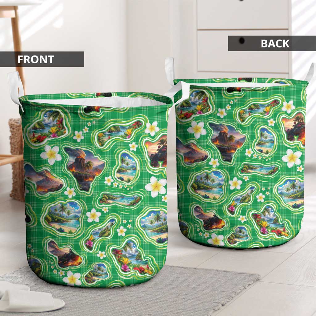 Hawaii Map with Plumeria Flower and Palaka Pattern Laundry Basket Tropical Island Green Design LT03 - Polynesian Pride