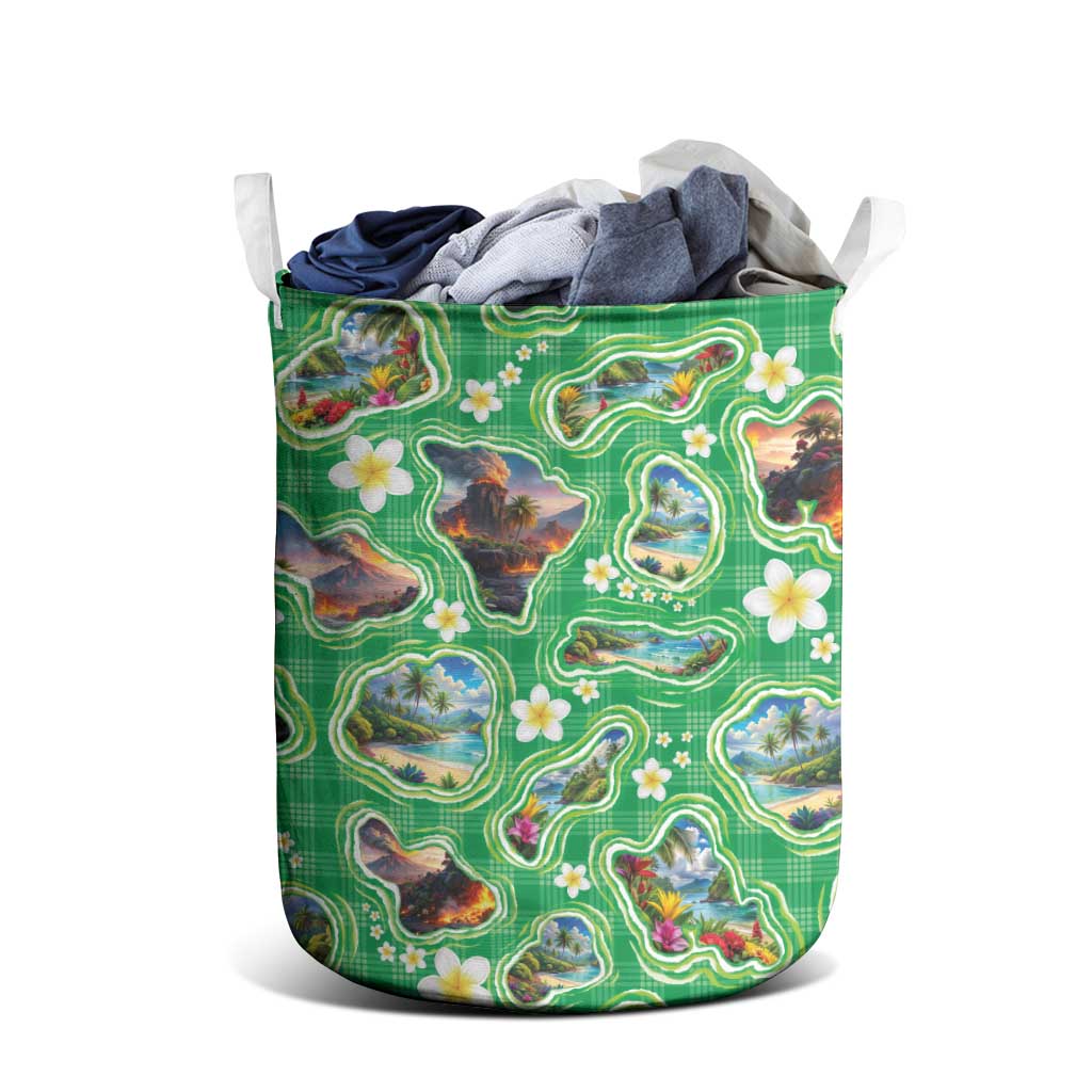Hawaii Map with Plumeria Flower and Palaka Pattern Laundry Basket Tropical Island Green Design LT03 - Polynesian Pride