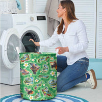 Hawaii Map with Plumeria Flower and Palaka Pattern Laundry Basket Tropical Island Green Design LT03 - Polynesian Pride