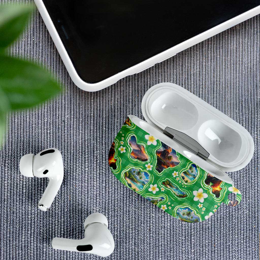 Hawaii Map with Plumeria Flower and Palaka Pattern AirPods Case Tropical Island Green Design LT03 - Polynesian Pride