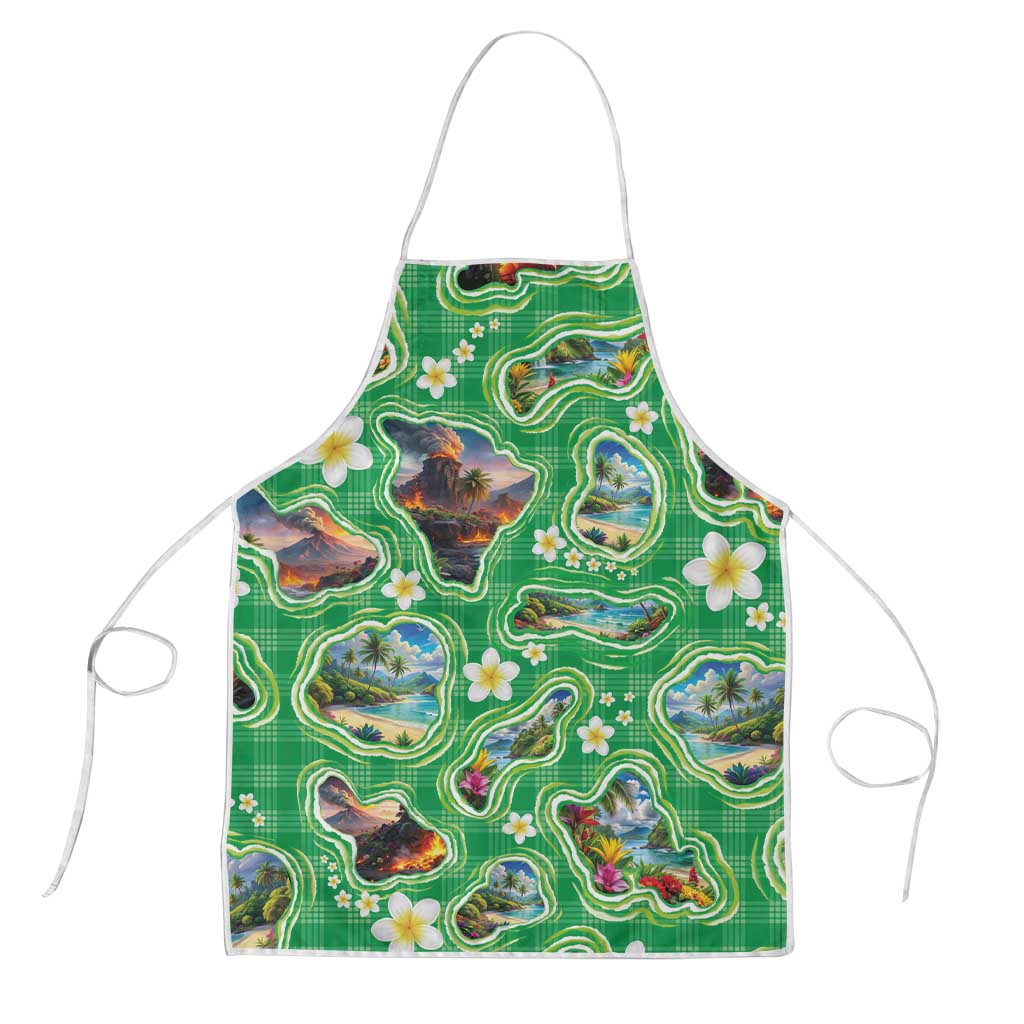 Hawaii Map with Plumeria Flower and Palaka Pattern Apron Tropical Island Green Design LT03 Green - Polynesian Pride