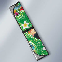 Hawaii Map with Plumeria Flower and Palaka Pattern Auto Sun Shade Tropical Island Green Design LT03 - Polynesian Pride
