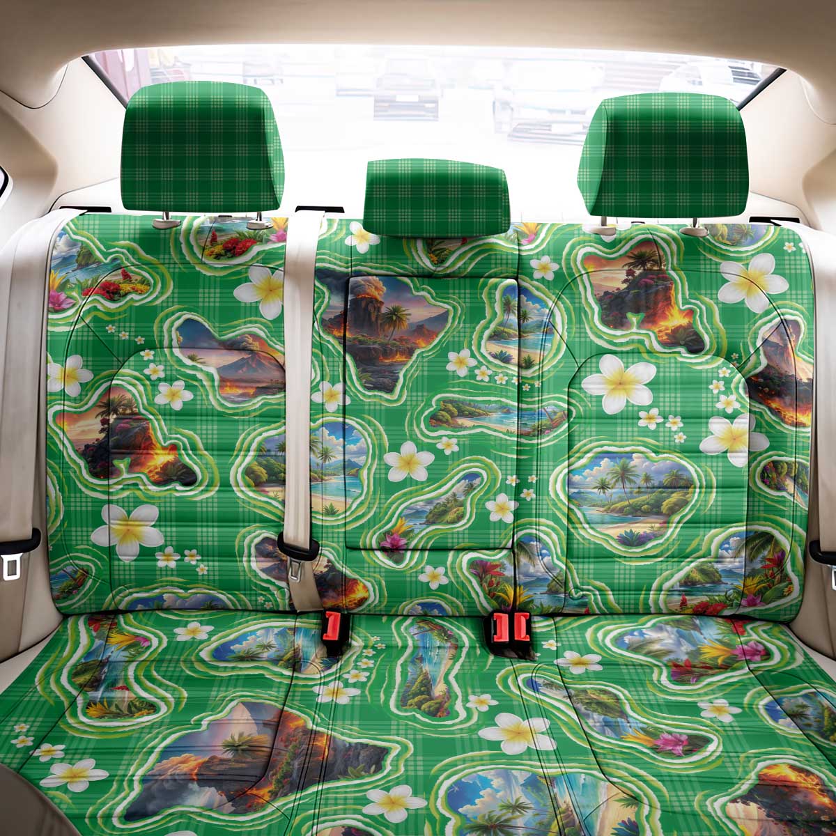 Hawaii Map with Plumeria Flower and Palaka Pattern Back Car Seat Cover Tropical Island Green Design LT03 - Polynesian Pride