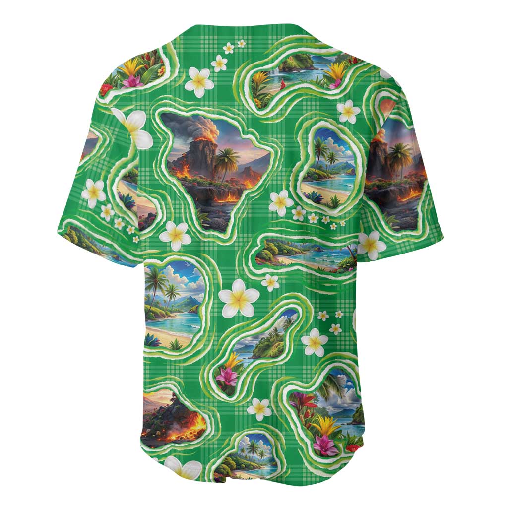 Hawaii Map with Plumeria Flower and Palaka Pattern Baseball Jersey Tropical Island Green Design LT03 - Polynesian Pride