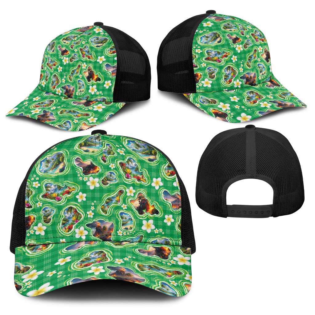 Hawaii Map with Plumeria Flower and Palaka Pattern Baseball Net Cap Tropical Island Green Design