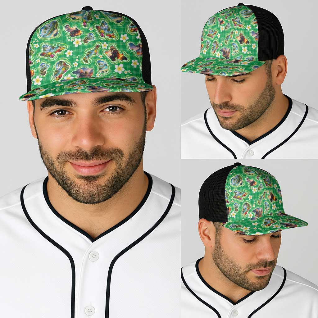 Hawaii Map with Plumeria Flower and Palaka Pattern Baseball Net Cap Tropical Island Green Design