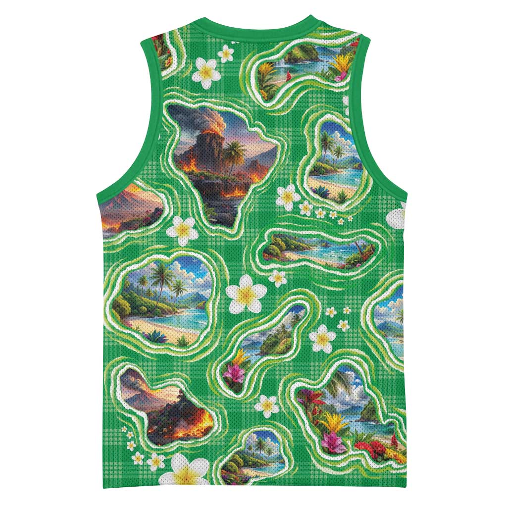 Hawaii Map with Plumeria Flower and Palaka Pattern Basketball Jersey Tropical Island Green Design LT03 - Polynesian Pride