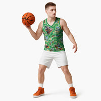 Hawaii Map with Plumeria Flower and Palaka Pattern Basketball Jersey Tropical Island Green Design LT03 - Polynesian Pride