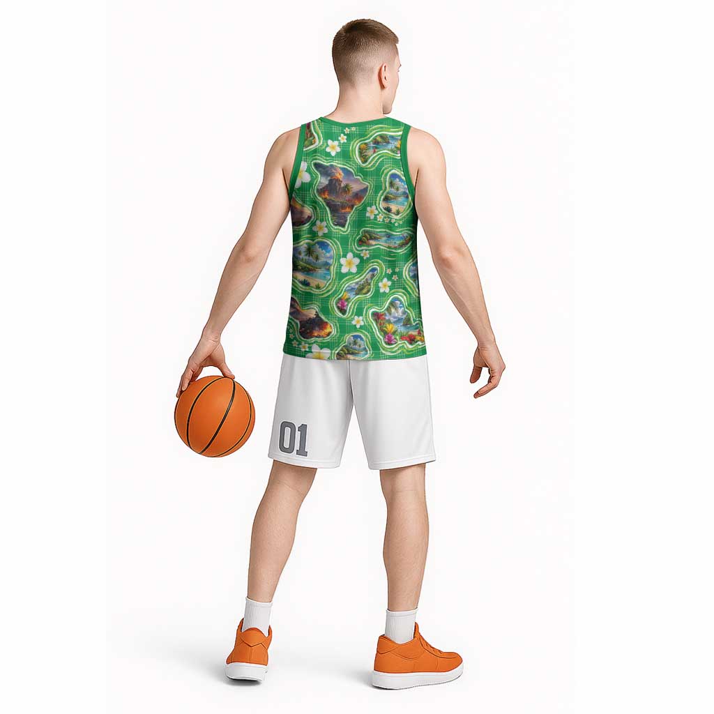 Hawaii Map with Plumeria Flower and Palaka Pattern Basketball Jersey Tropical Island Green Design LT03 - Polynesian Pride