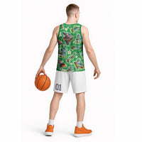 Hawaii Map with Plumeria Flower and Palaka Pattern Basketball Jersey Tropical Island Green Design LT03 - Polynesian Pride