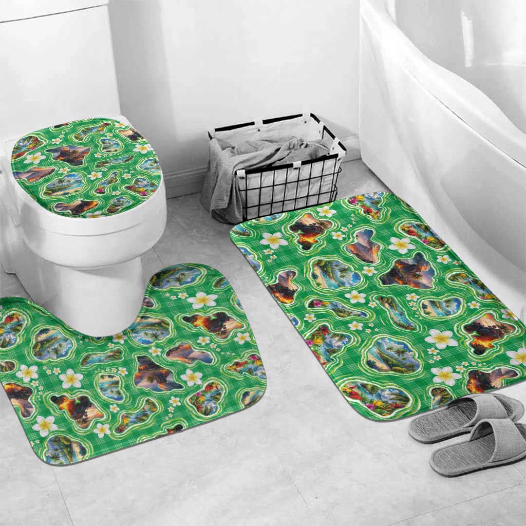 Hawaii Map with Plumeria Flower and Palaka Pattern Bathroom Set Tropical Island Green Design LT03 Mat Set Only (3 pcs) One Size Green - Polynesian Pride