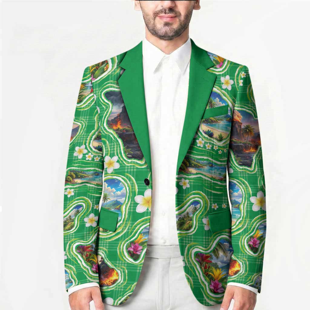 Hawaii Map with Plumeria Flower and Palaka Pattern Blazer Tropical Island Green Design LT03 - Polynesian Pride