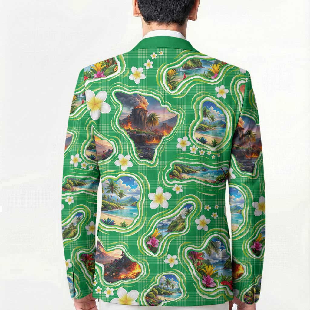 Hawaii Map with Plumeria Flower and Palaka Pattern Blazer Tropical Island Green Design LT03 - Polynesian Pride