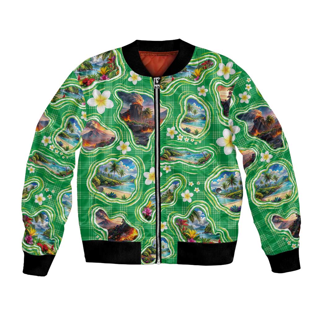 Hawaii Map with Plumeria Flower and Palaka Pattern Bomber Jacket Tropical Island Green Design LT03 Unisex Green - Polynesian Pride