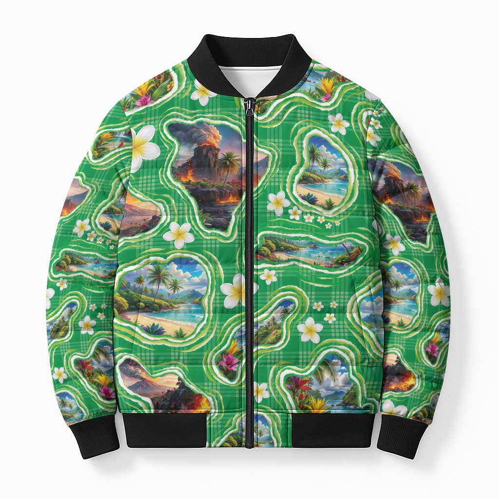 Hawaii Map with Plumeria Flower and Palaka Pattern Bomber Puffer Jacket Tropical Island Green Design LT03 Unisex Green - Polynesian Pride