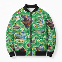 Hawaii Map with Plumeria Flower and Palaka Pattern Bomber Puffer Jacket Tropical Island Green Design LT03 Unisex Green - Polynesian Pride
