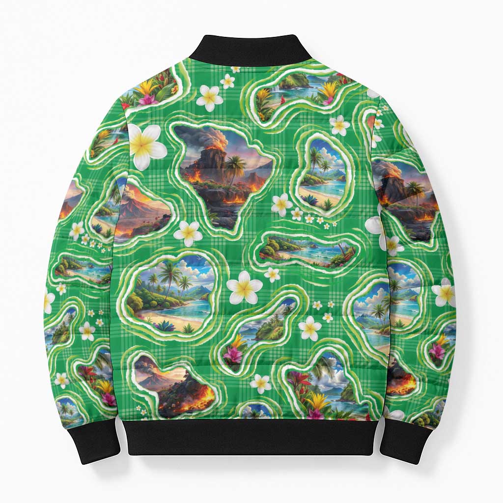 Hawaii Map with Plumeria Flower and Palaka Pattern Bomber Puffer Jacket Tropical Island Green Design LT03 - Polynesian Pride