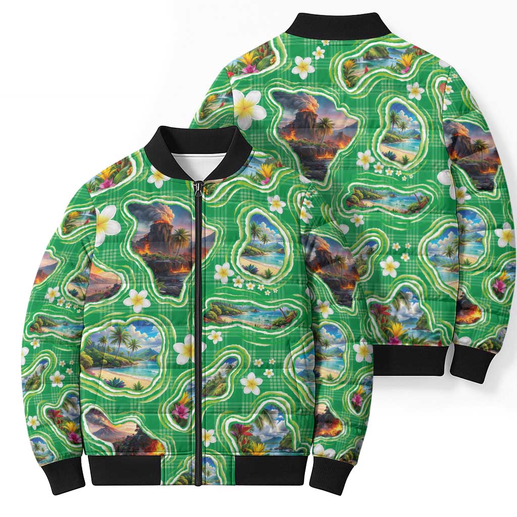 Hawaii Map with Plumeria Flower and Palaka Pattern Bomber Puffer Jacket Tropical Island Green Design LT03 - Polynesian Pride