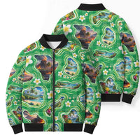 Hawaii Map with Plumeria Flower and Palaka Pattern Bomber Puffer Jacket Tropical Island Green Design LT03 - Polynesian Pride