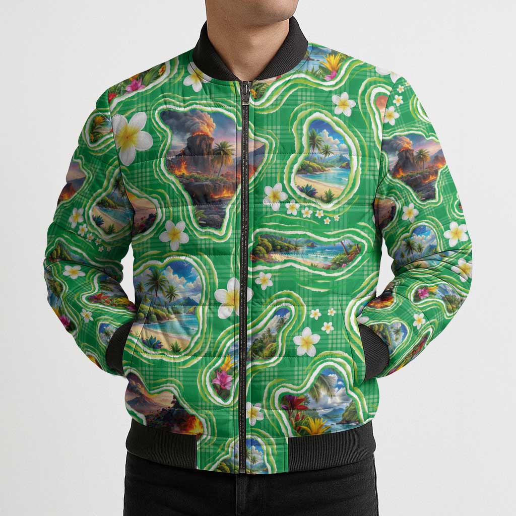 Hawaii Map with Plumeria Flower and Palaka Pattern Bomber Puffer Jacket Tropical Island Green Design LT03 - Polynesian Pride