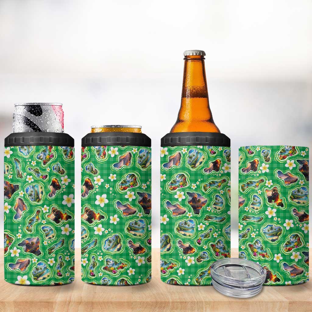 Hawaii Map with Plumeria Flower and Palaka Pattern 4 in 1 Can Cooler Tumbler Tropical Island Green Design LT03 - Polynesian Pride