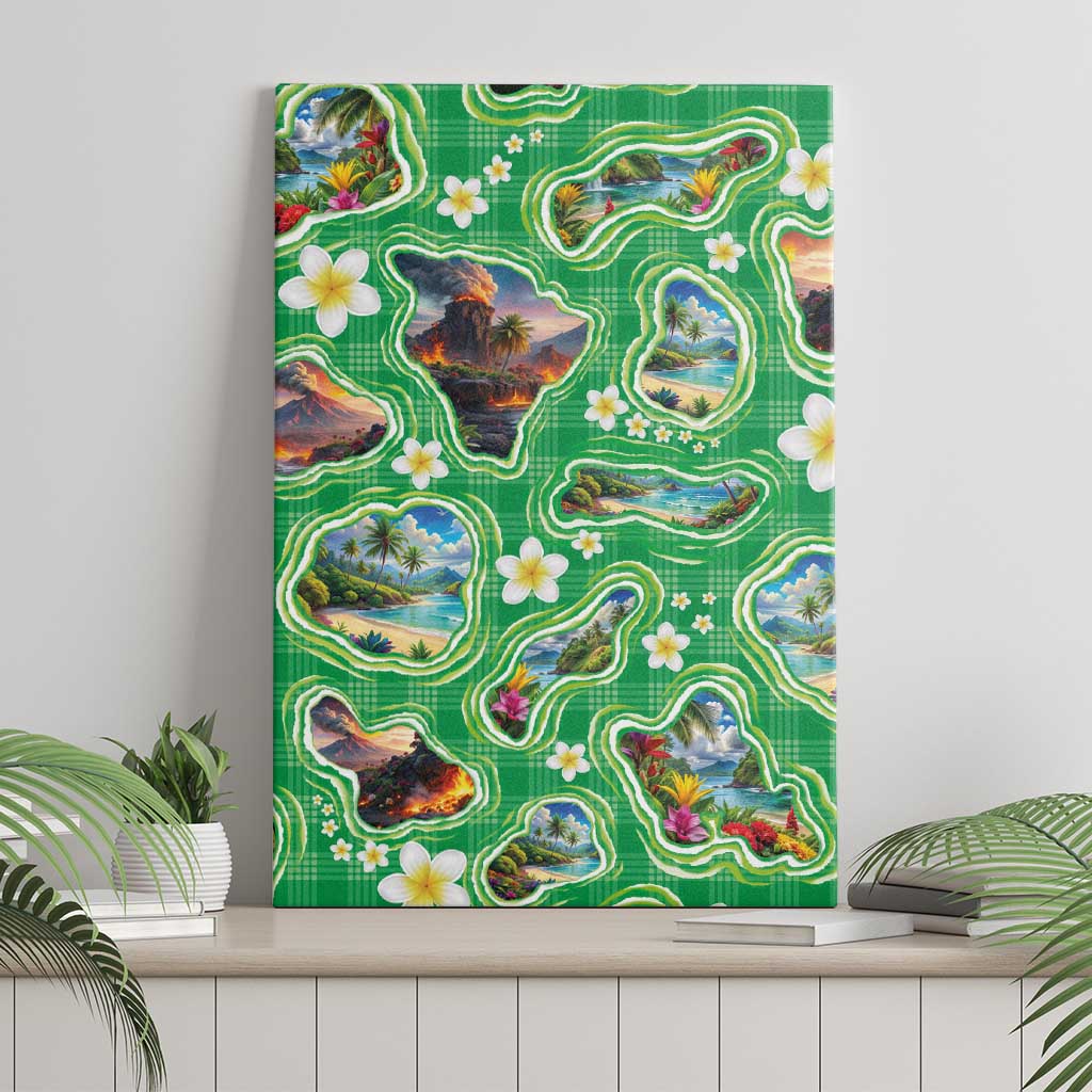 Hawaii Map with Plumeria Flower and Palaka Pattern Canvas Wall Art Tropical Island Green Design LT03 - Polynesian Pride