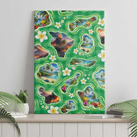 Hawaii Map with Plumeria Flower and Palaka Pattern Canvas Wall Art Tropical Island Green Design LT03 - Polynesian Pride