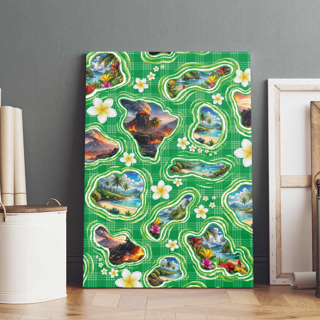 Hawaii Map with Plumeria Flower and Palaka Pattern Canvas Wall Art Tropical Island Green Design LT03 - Polynesian Pride