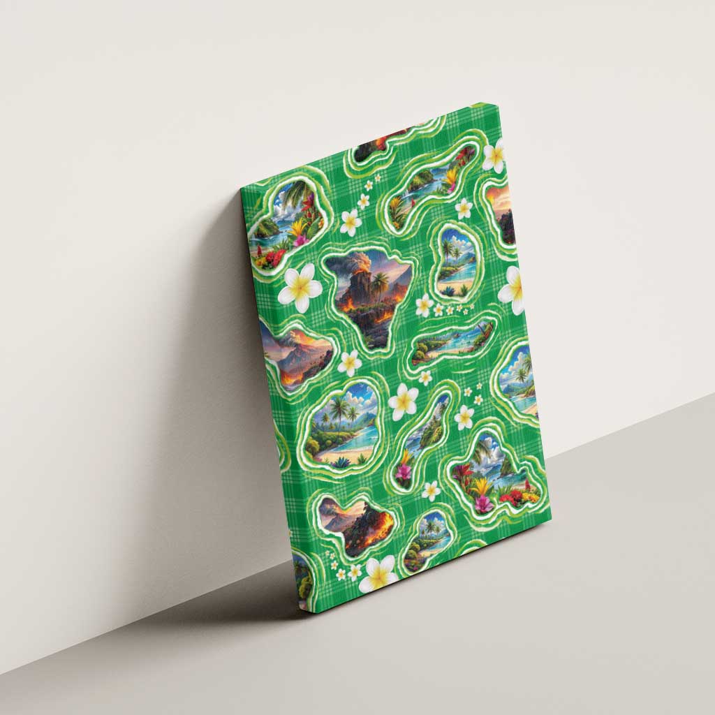 Hawaii Map with Plumeria Flower and Palaka Pattern Canvas Wall Art Tropical Island Green Design LT03 - Polynesian Pride