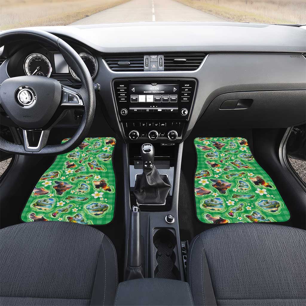 Hawaii Map with Plumeria Flower and Palaka Pattern Car Mats Tropical Island Green Design LT03 Set 2pcs - Front Green - Polynesian Pride