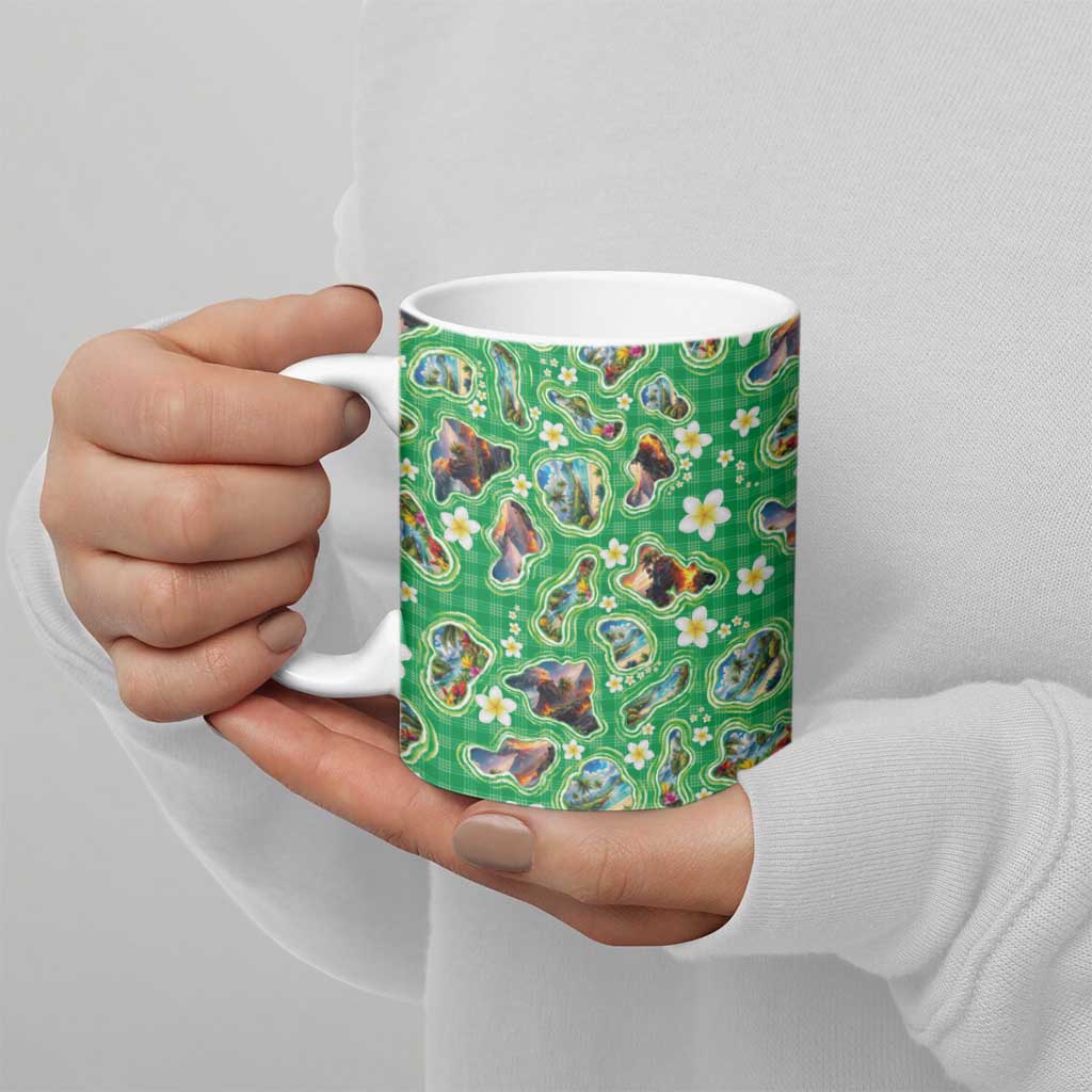 Hawaii Map with Plumeria Flower and Palaka Pattern Ceramic Mug Tropical Island Green Design LT03 - Polynesian Pride