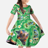 Hawaii Map with Plumeria Flower and Palaka Pattern Family Matching Long Sleeve Bodycon Dress and Hawaiian Shirt Tropical Island Green Design LT03 Daughter's Dress Green - Polynesian Pride