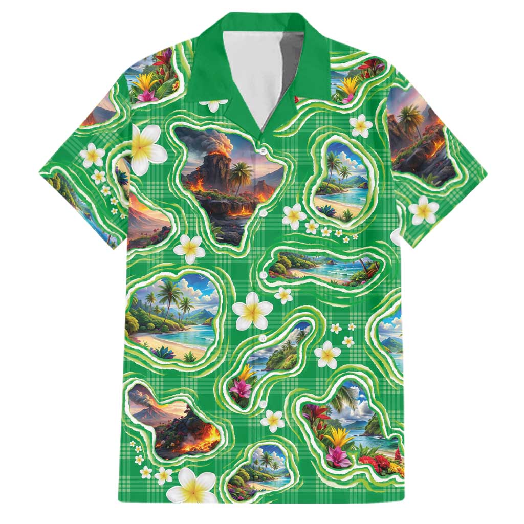 Hawaii Map with Plumeria Flower and Palaka Pattern Family Matching Off The Shoulder Long Sleeve Dress and Hawaiian Shirt Tropical Island Green Design LT03 Dad's Shirt - Short Sleeve Green - Polynesian Pride