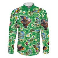 Hawaii Map with Plumeria Flower and Palaka Pattern Family Matching Off Shoulder Short Dress and Hawaiian Shirt Tropical Island Green Design LT03 Dad's Shirt - Long Sleeve Green - Polynesian Pride