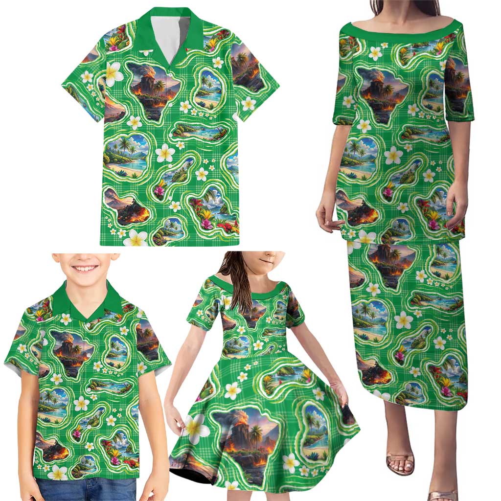 Hawaii Map with Plumeria Flower and Palaka Pattern Family Matching Puletasi and Hawaiian Shirt Tropical Island Green Design