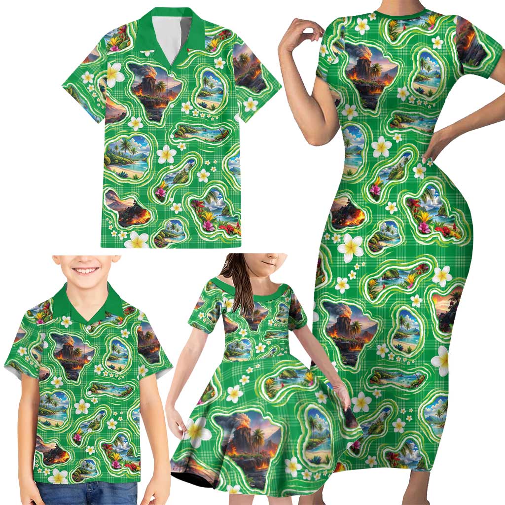 Hawaii Map with Plumeria Flower and Palaka Pattern Family Matching Short Sleeve Bodycon Dress and Hawaiian Shirt Tropical Island Green Design