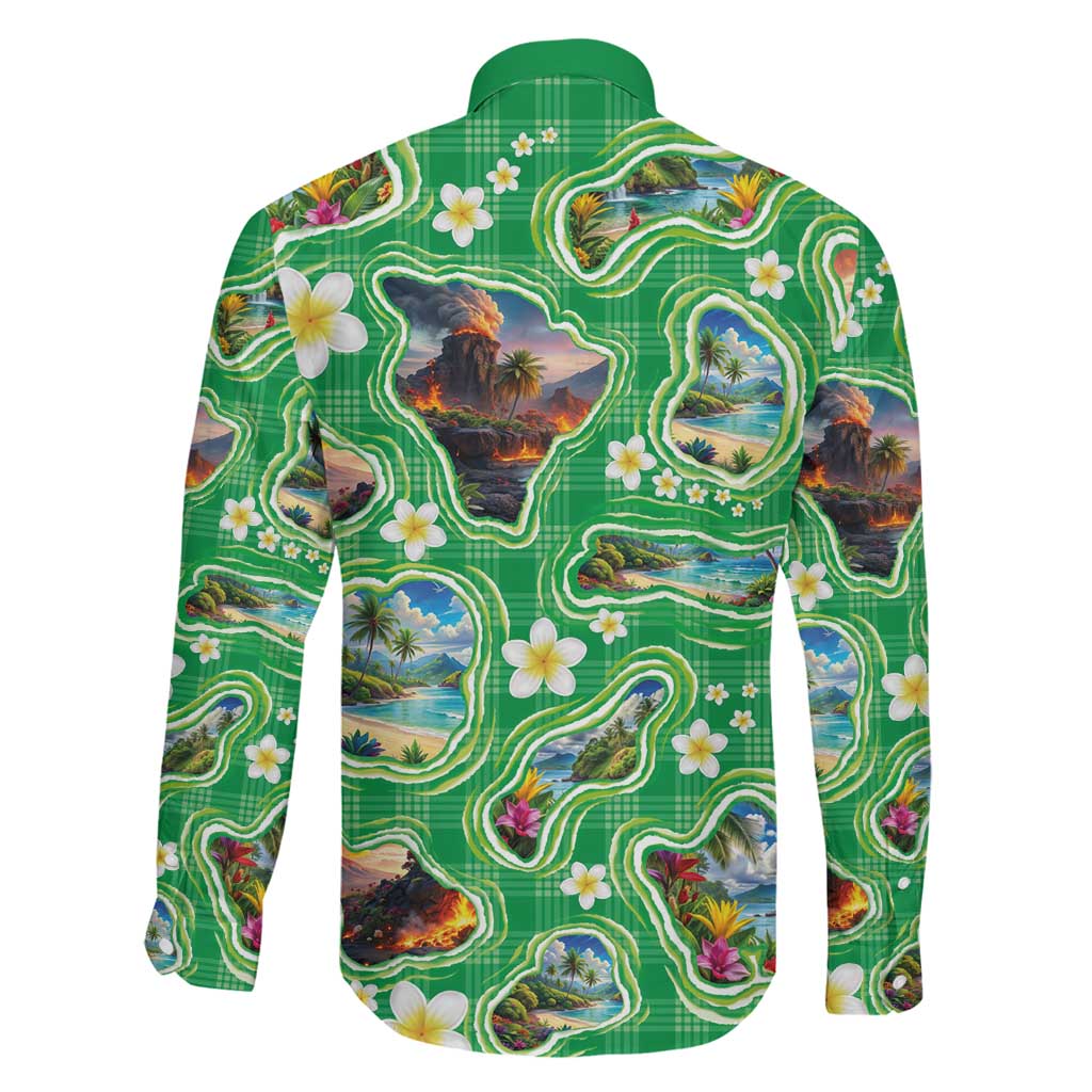Hawaii Map with Plumeria Flower and Palaka Pattern Family Matching Short Sleeve Bodycon Dress and Hawaiian Shirt Tropical Island Green Design LT03 - Polynesian Pride