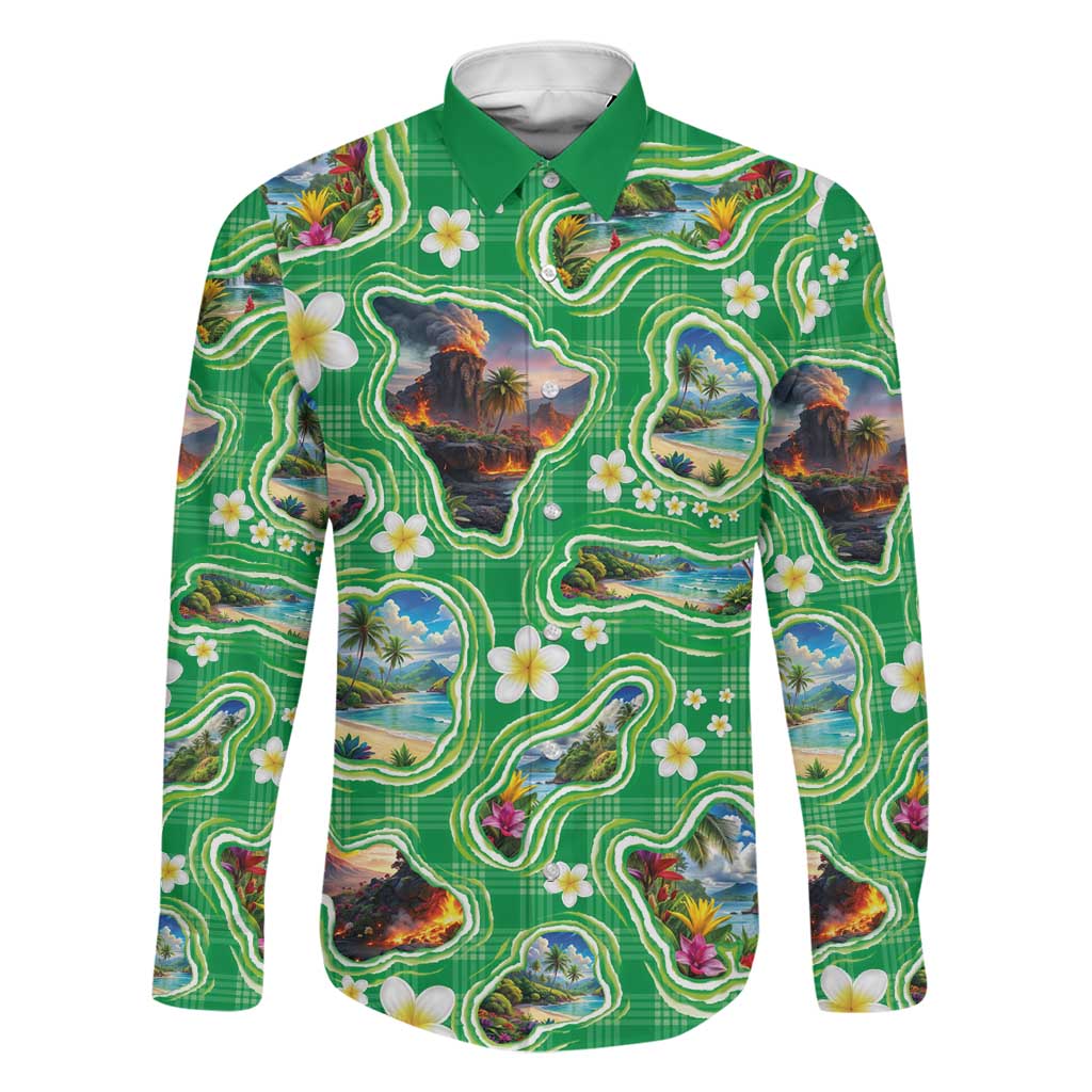 Hawaii Map with Plumeria Flower and Palaka Pattern Family Matching Summer Maxi Dress and Hawaiian Shirt Tropical Island Green Design LT03 Dad's Shirt - Long Sleeve Green - Polynesian Pride