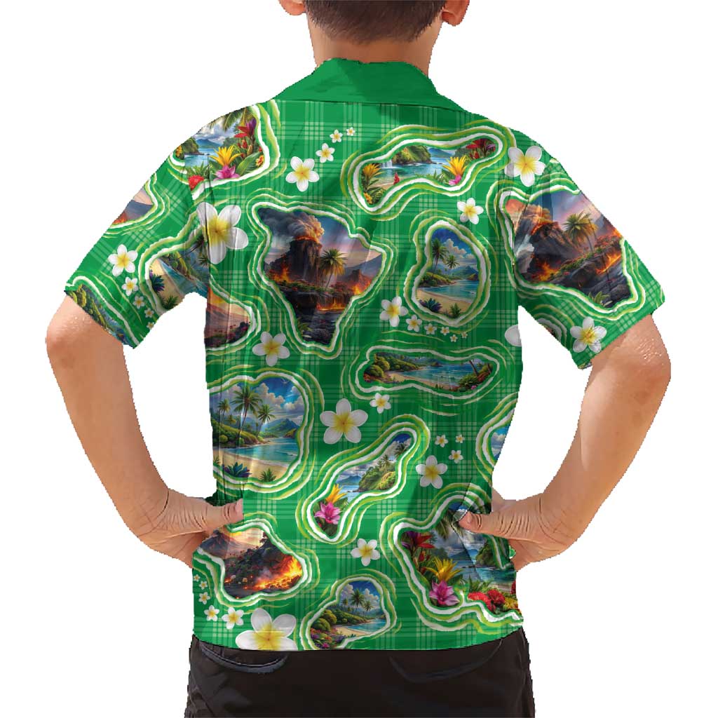 Hawaii Map with Plumeria Flower and Palaka Pattern Family Matching Tank Maxi Dress and Hawaiian Shirt Tropical Island Green Design LT03 - Polynesian Pride