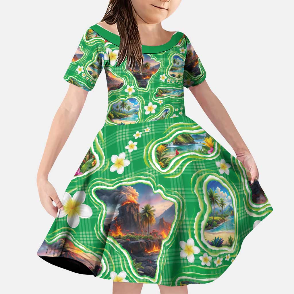 Hawaii Map with Plumeria Flower and Palaka Pattern Family Matching Tank Maxi Dress and Hawaiian Shirt Tropical Island Green Design LT03 Daughter's Dress Green - Polynesian Pride