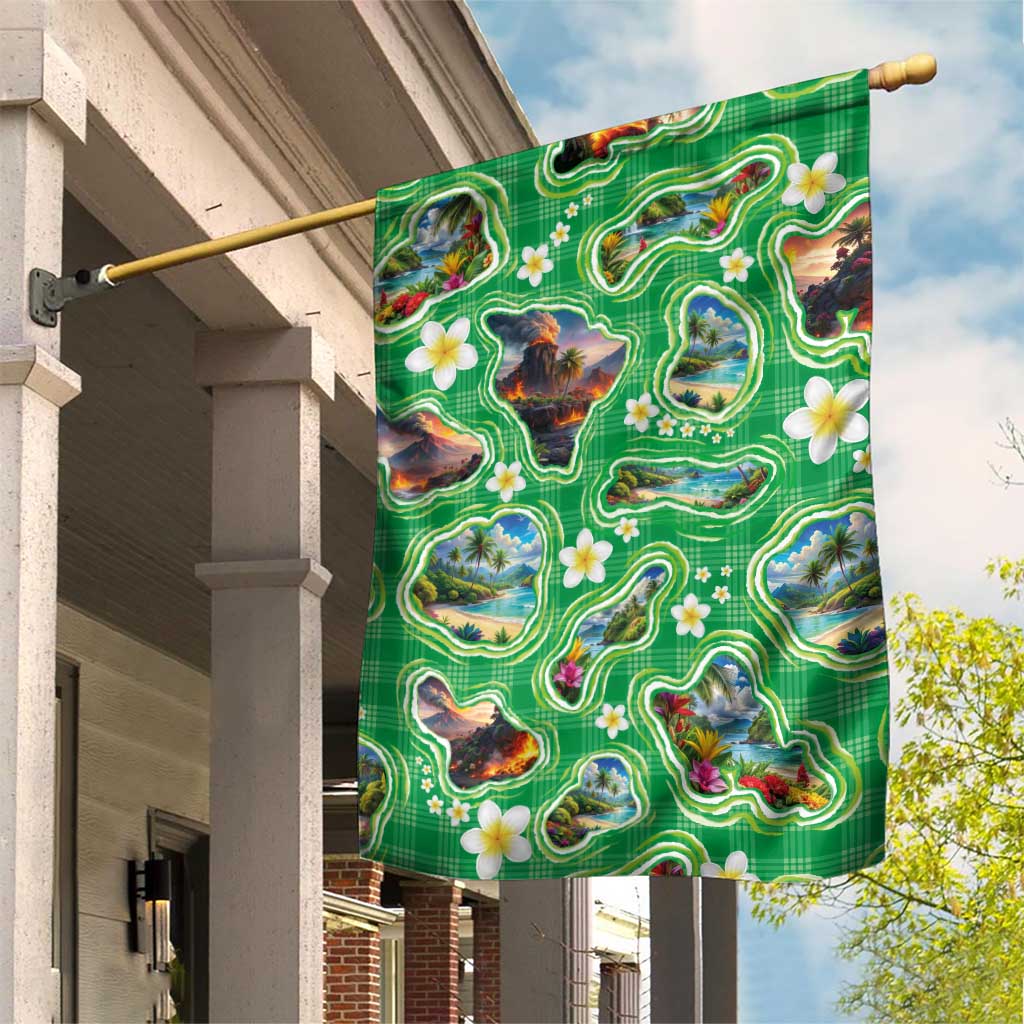 Hawaii Map with Plumeria Flower and Palaka Pattern Garden Flag Tropical Island Green Design