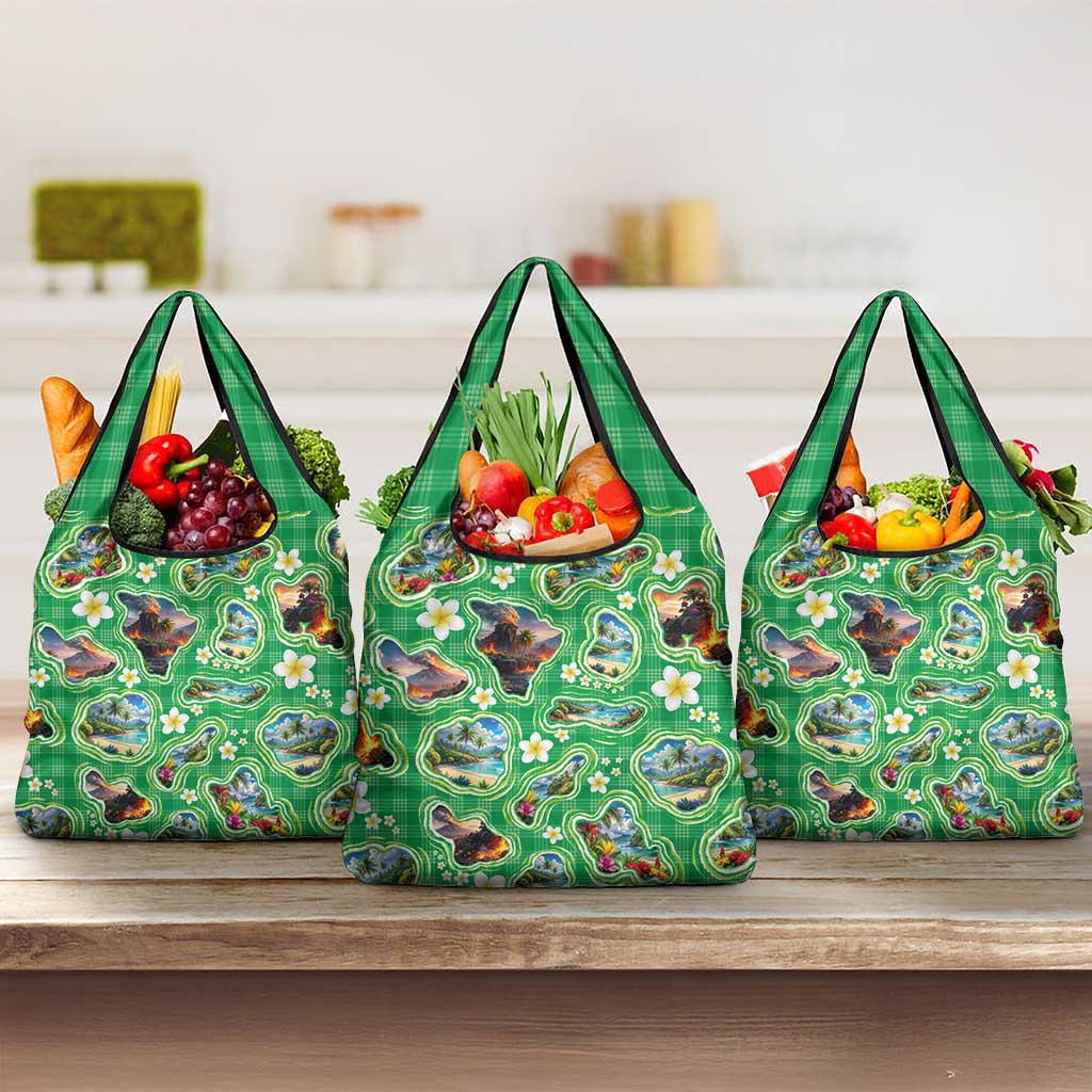 Hawaii Map with Plumeria Flower and Palaka Pattern Grocery Bag Tropical Island Green Design LT03 3-pack One Size Green - Polynesian Pride