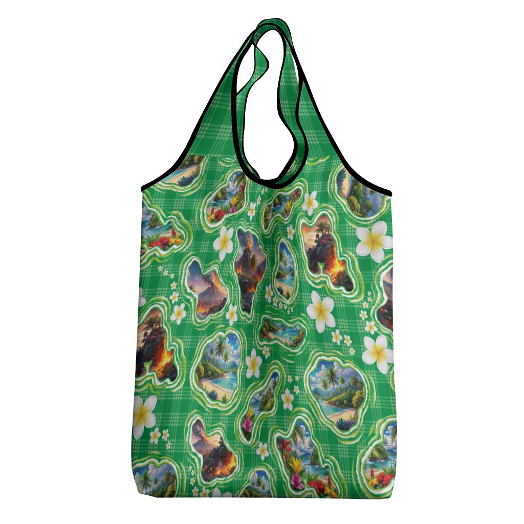 Hawaii Map with Plumeria Flower and Palaka Pattern Grocery Bag Tropical Island Green Design LT03 - Polynesian Pride