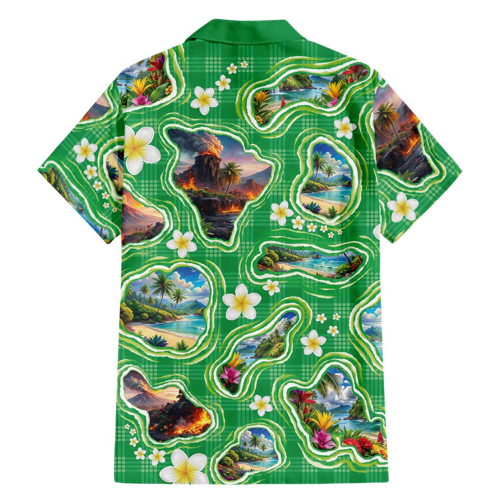 Hawaii Map with Plumeria Flower and Palaka Pattern Hawaiian Shirt Tropical Island Green Design LT03 - Polynesian Pride