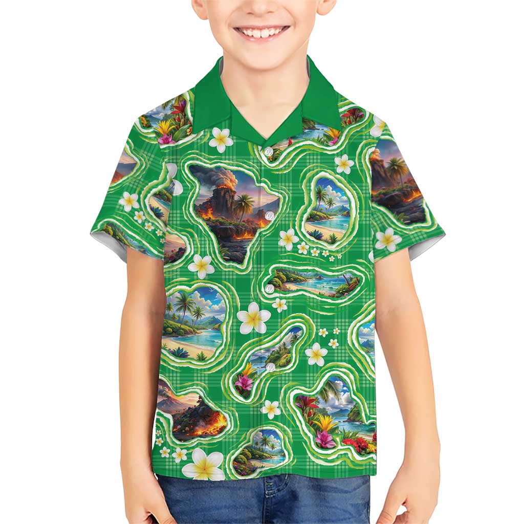 Hawaii Map with Plumeria Flower and Palaka Pattern Hawaiian Shirt Tropical Island Green Design LT03 - Polynesian Pride