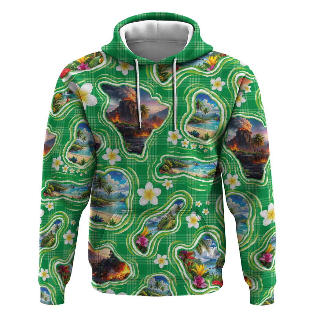 Hawaii Map with Plumeria Flower and Palaka Pattern Hoodie Tropical Island Green Design LT03 Pullover Hoodie Green - Polynesian Pride