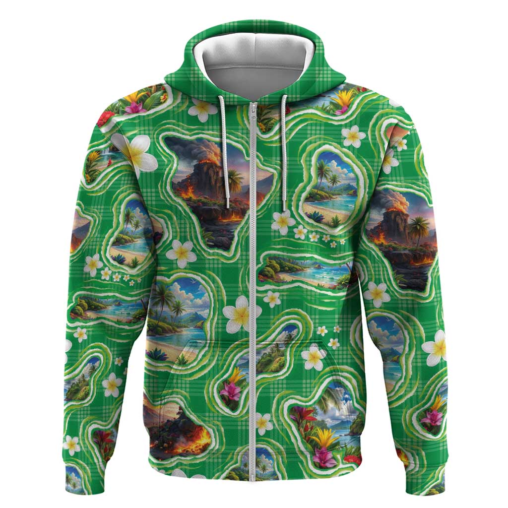 Hawaii Map with Plumeria Flower and Palaka Pattern Hoodie Tropical Island Green Design LT03 Zip Hoodie Green - Polynesian Pride