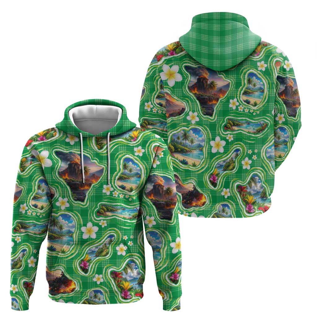 Hawaii Map with Plumeria Flower and Palaka Pattern Hoodie Tropical Island Green Design LT03 - Polynesian Pride