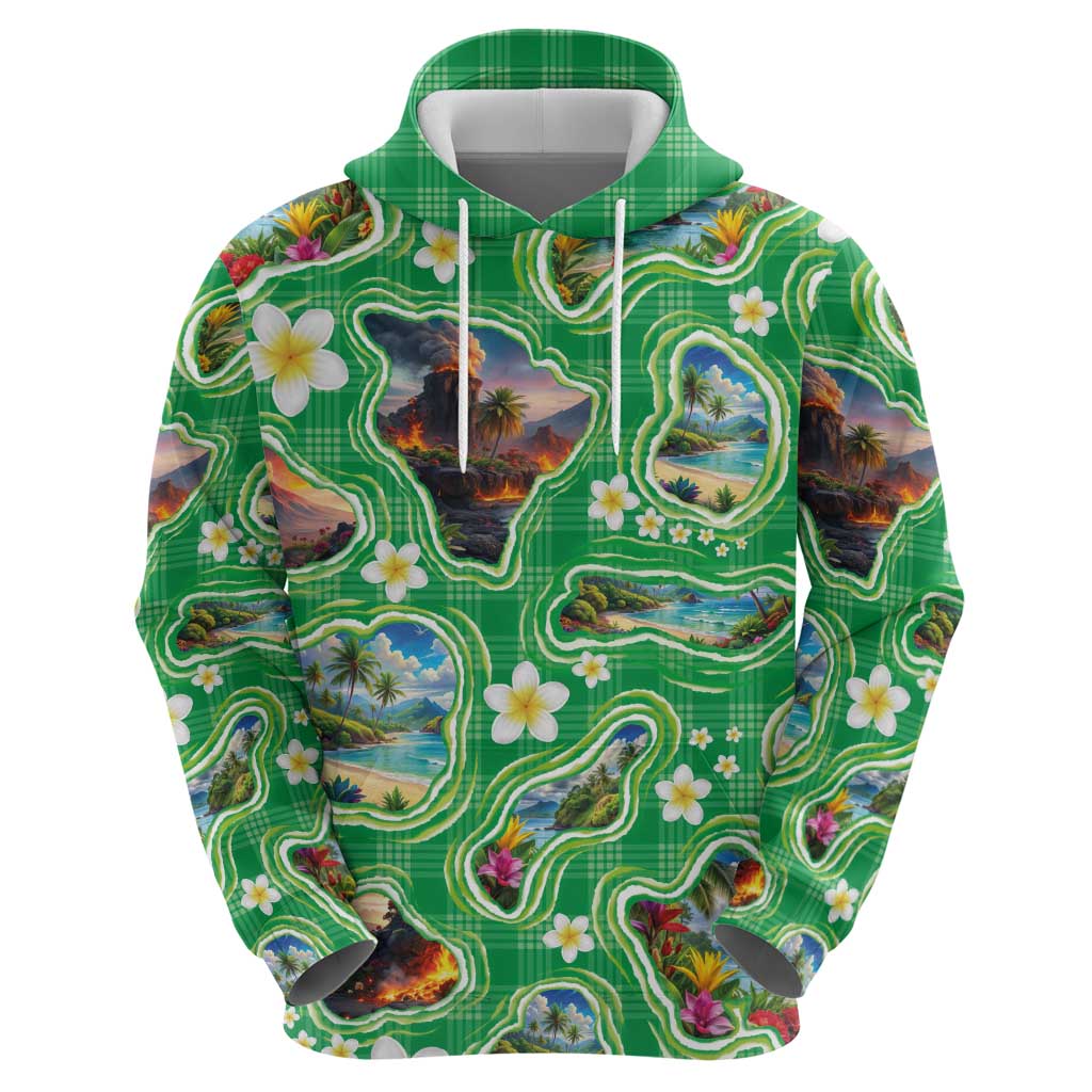 Hawaii Map with Plumeria Flower and Palaka Pattern Hoodie Tropical Island Green Design LT03 - Polynesian Pride